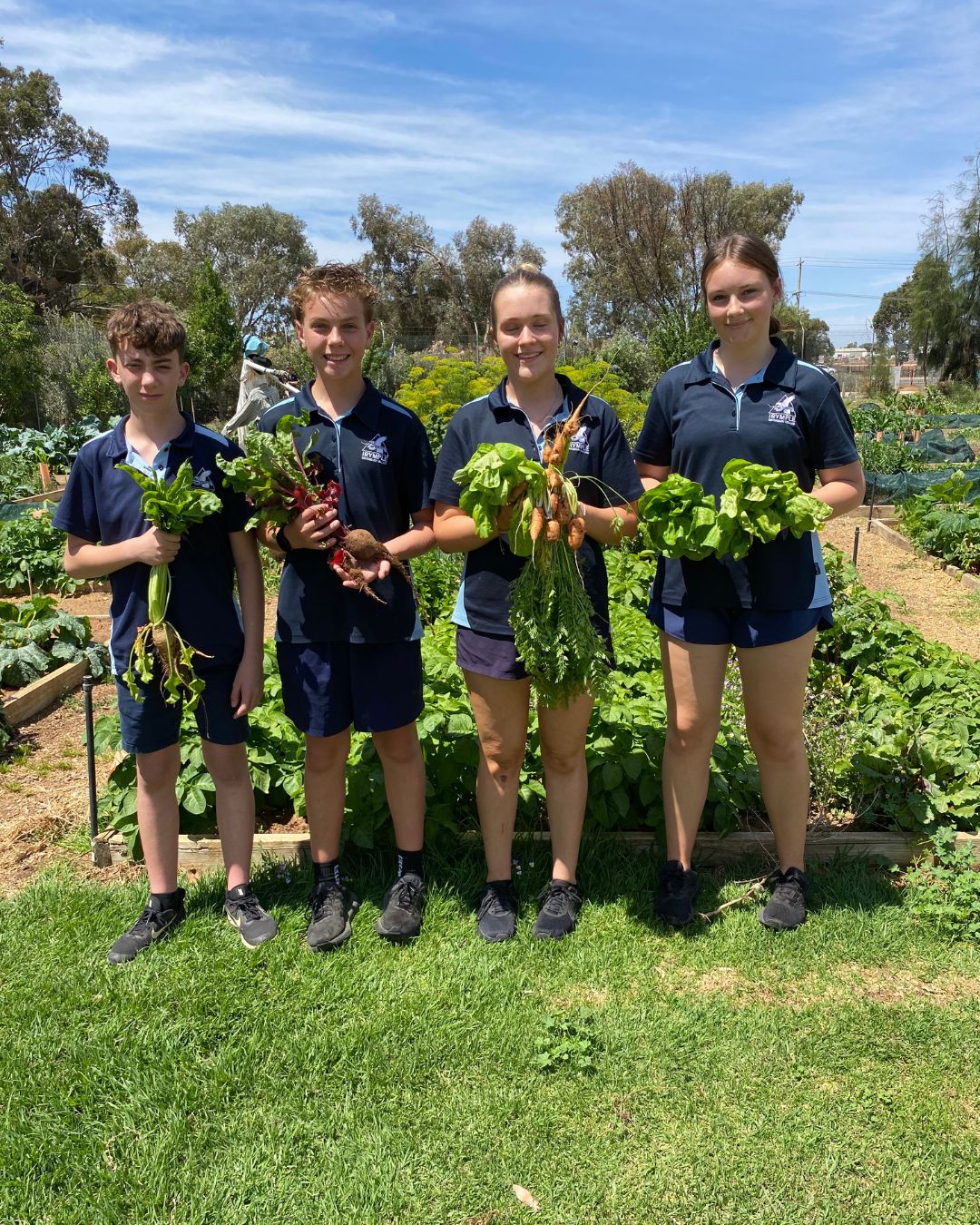Irymple Secondary College students holding fresh produce from their school garden.