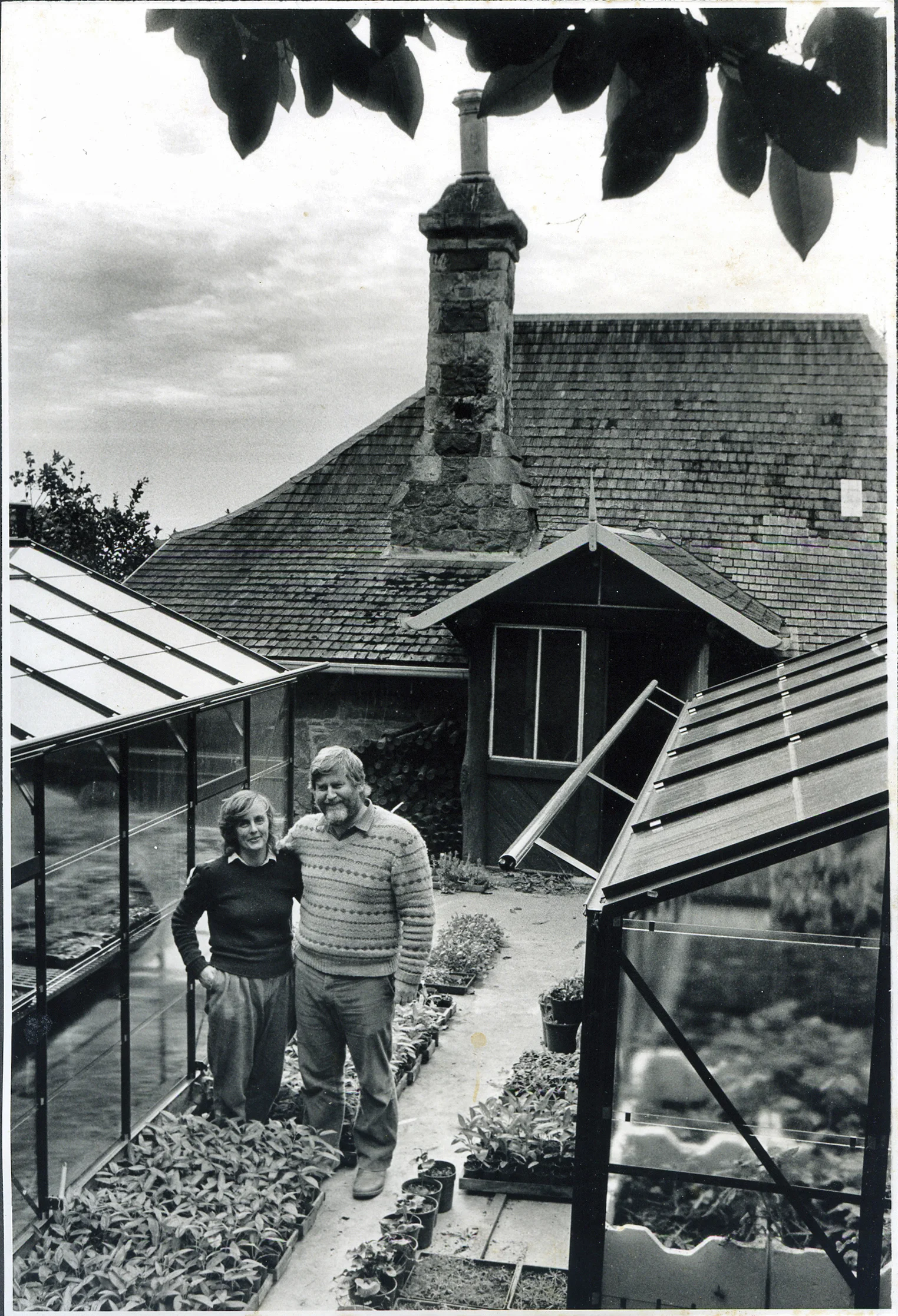 Historical black and white image of Clive and Penny at Heronswood