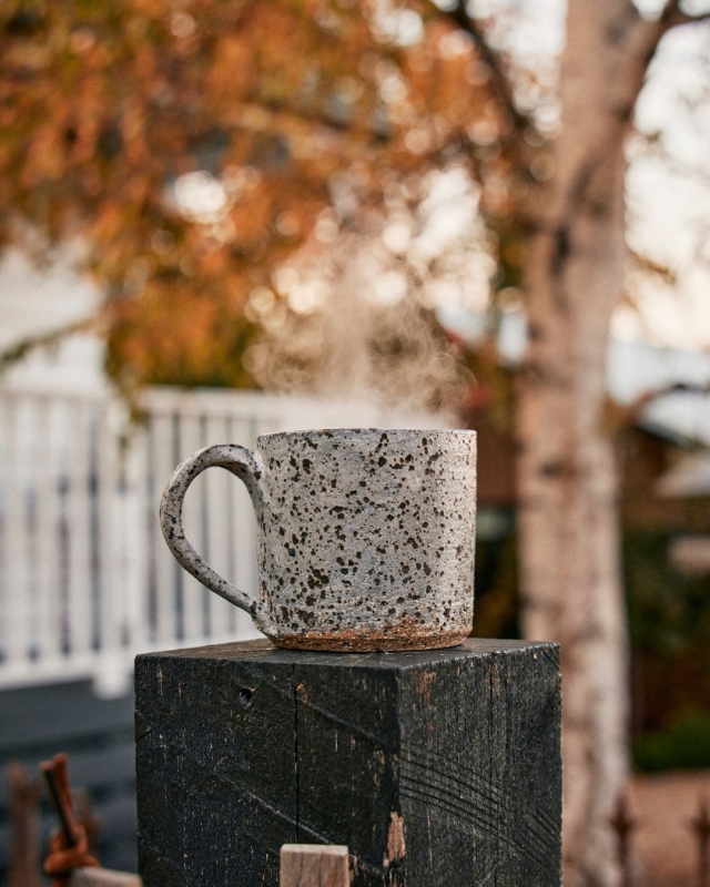 A mug sits on a post in the garden