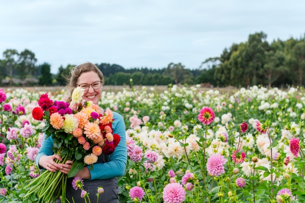Lorelie holds a large bunch of flowers, standing in a field of dahlias